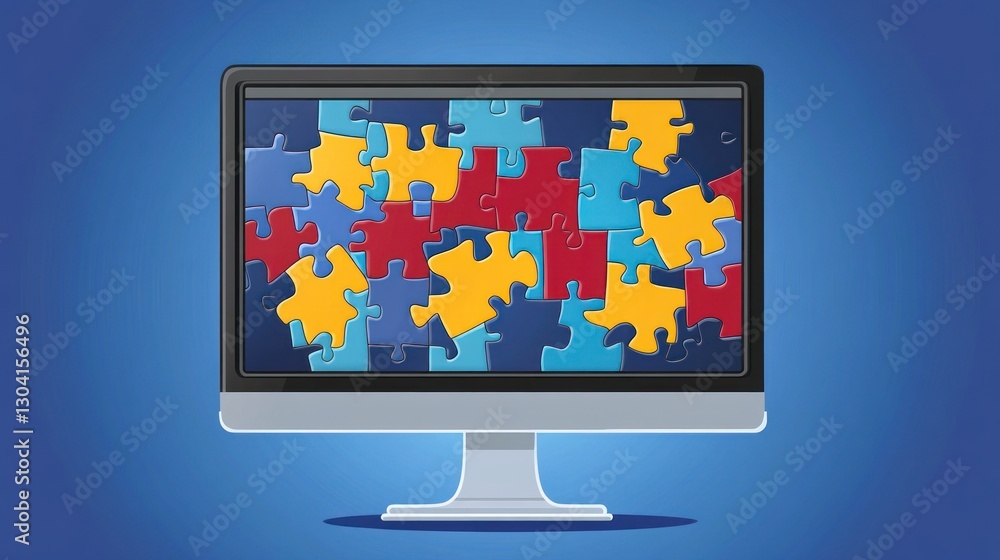 Fototapete Computer screen displaying colorful puzzle pieces, representing problem-solving or teamwork.