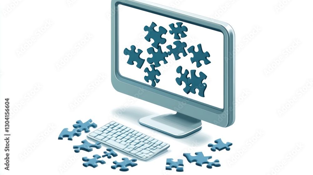Poster computer screen displaying puzzle pieces, with more pieces scattered around the keyboard.