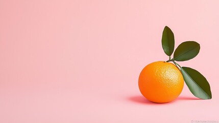 Fresh orange with green leaves on a pastel pink background.