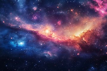 Naklejka premium colorful galaxy with a blue and orange cloud in the middle. The stars are scattered throughout the sky, creating a sense of depth and vastness. The image evokes a feeling of wonder