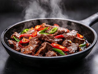 Sizzling beef stir-fry with vibrant peppers in a sizzling black skillet.