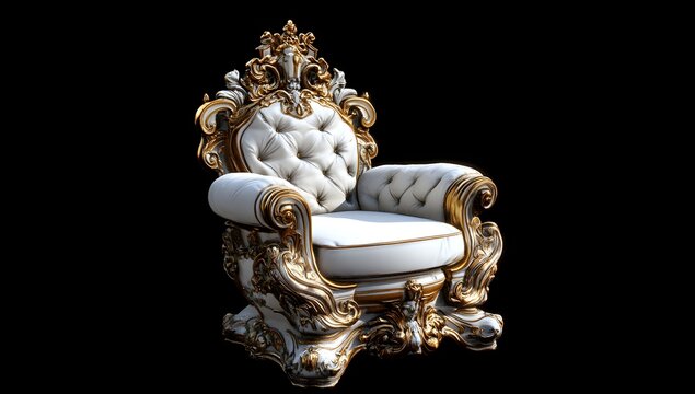 Ornate gold-trimmed armchair on black background