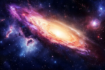 Fototapeta premium large, bright yellow star is surrounded by a galaxy of stars. The galaxy is filled with a variety of colors, including blue, red, and yellow