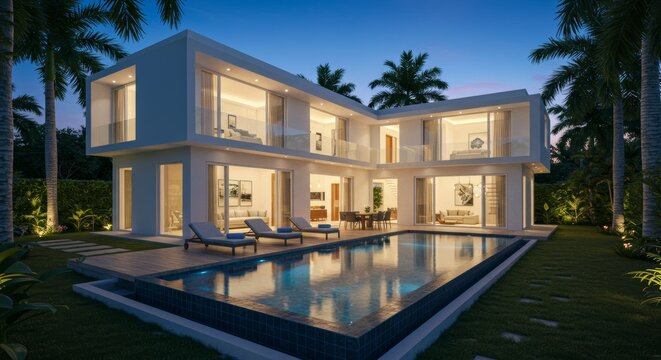 Modern luxury villa with swimming pool at dusk