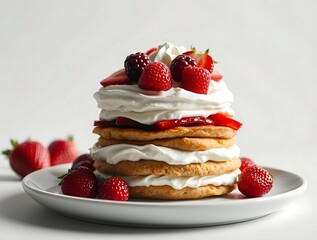 Layered Strawberry Shortcake Adorned with Whipped Cream and Fresh Berries, Beautifully Styled for a Fresh and Indulgent Dessert Experience - dessert stock-image