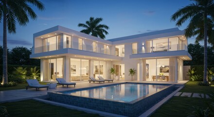 Modern luxury villa with swimming pool at dusk