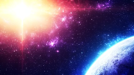 Vibrant Cosmic Landscape: Glowing Star and Planet in a Colorful Nebula
