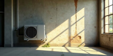 Sunlight Illuminates a Wall-Mounted HVAC Unit in a Rustic Room with a Weathered Concrete Wall and a Window Casting Shadows