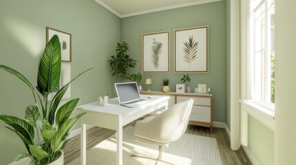 Sunlit home office, minimalist desk, plants, green walls, design inspiration