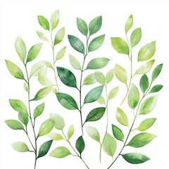 Vibrant Green Watercolor Leaves on Textured Paper Botanical Illustration for Design Projects