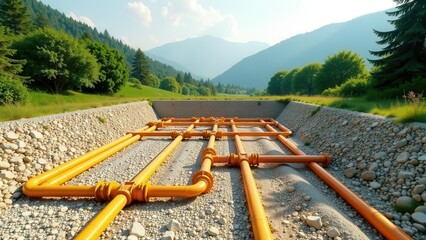 A Network of Bright Orange Pipes in a Gravel-Lined Reservoir, Nestled Amidst Lush Green Foliage and Majestic Mountains Under a Clear Blue Sky