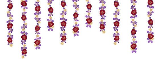 Seamless border with real wild flowers. Floral garland with pressed chamomile, wild roses and geranium.