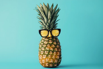  pineapple wearing sunglasses and a pair of glasses. The sunglasses are on the pineapple's face and the glasses are on the pineapple's stem