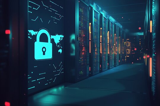 Global Network Security: Data Center Server Room with Glowing Blue Lock Icon