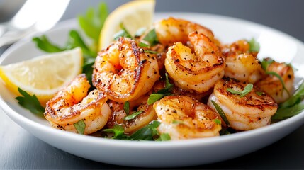 Delicious grilled shrimp with lemon and fresh herbs served on a white plate.