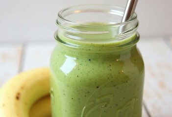 Green smoothie in a mason jar with banana and spinach