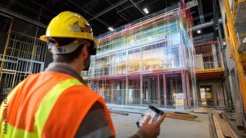 Leinwandbilder construction worker using augmented reality device to view building model.