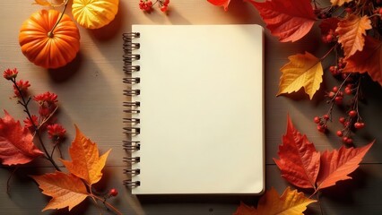 Obraz premium Autumnal Notebook Scene with Pumpkins and Colorful Leaves Surrounding Blank Pages Ready for Seasonal Notes and Ideas