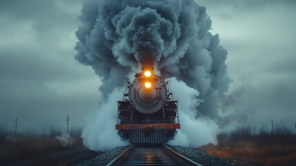 Big Locomotive Billowing smoke Coming Straight
