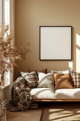 Cozy Autumn Living Room Mockup with Blank Frame