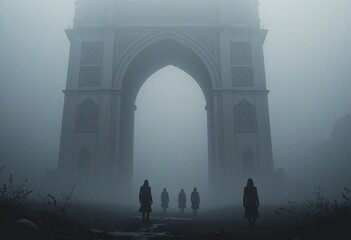 Silhouetted Figures At A Grand Archway. Misty Landscape. Mystery Unveiled. Shadowy Figures Stand Before A Majestic Arch. Introspection Deepens. Dreamy. Fantastical Scenery. Brooding And Cool. Solitude