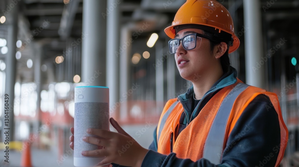 Poster construction worker using smart speaker on site.