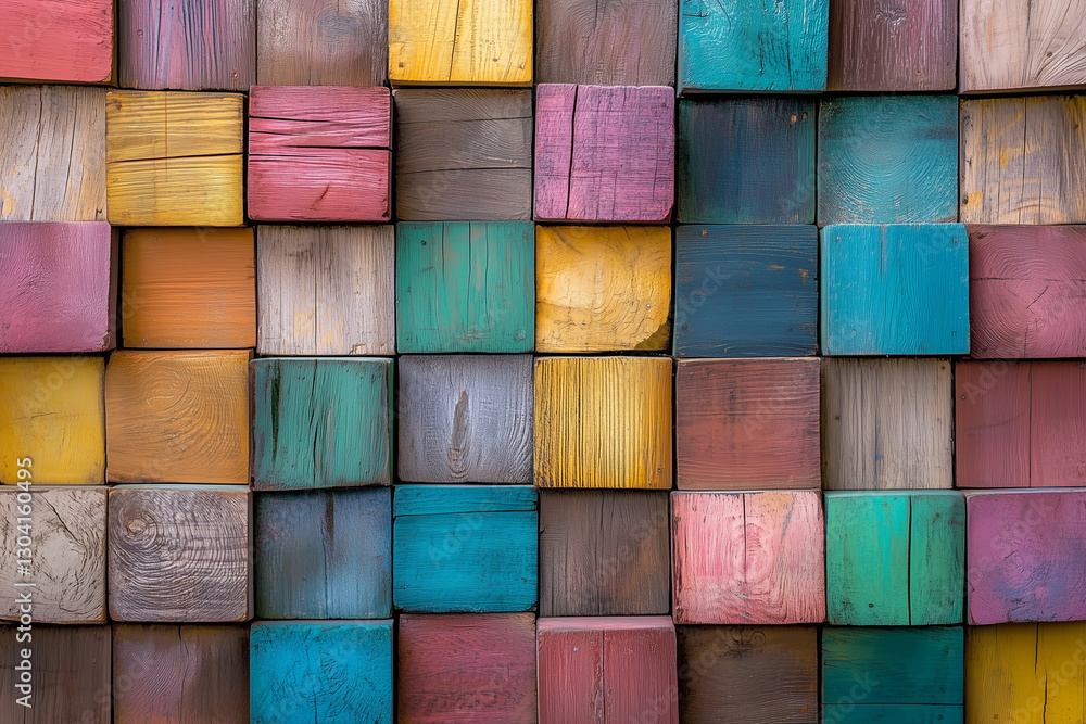 Poster colorful wall made of wooden blocks. the blocks are of different colors and sizes, creating a unique