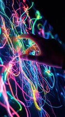 Obraz premium Engaging with Vibrant Neon Light Patterns and Interactive Art Installations at Night