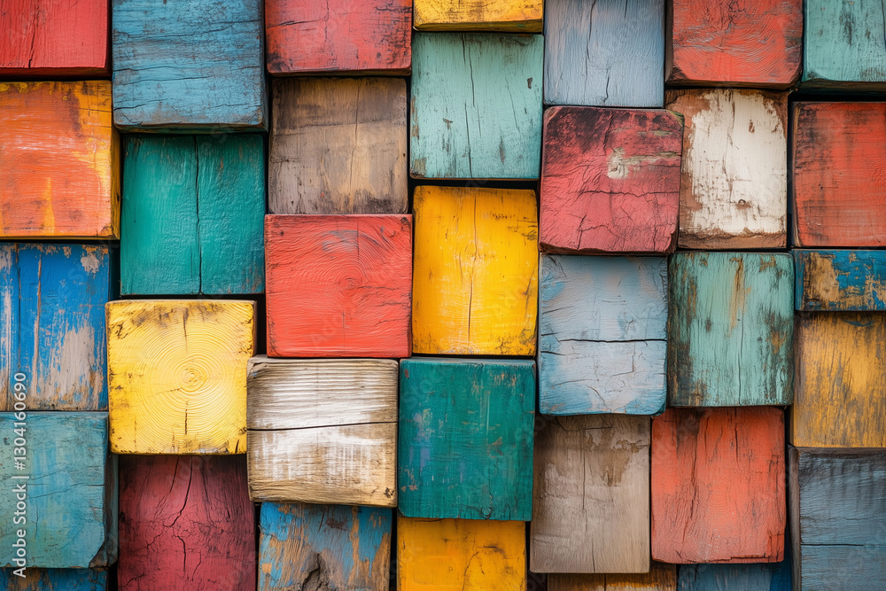 Poster colorful wall made of wood blocks. the blocks are of different colors and sizes, creating a unique a