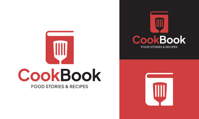 Recipe Book or Cook Book Logo Design Template. The logo is a combination of Book and Spatula. Suitable for Recipe Book, CookBook, Cooking Class Teacher Instructor, Tutorial, Food Blogger Vlogger, etc