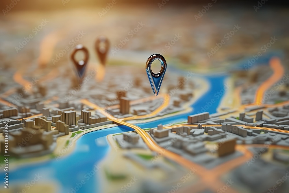 Poster 3d city map with 3d location pointers, location marking with a pin on a map with routes