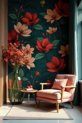A serene interior scene featuring a blush armchair and floral wall decor