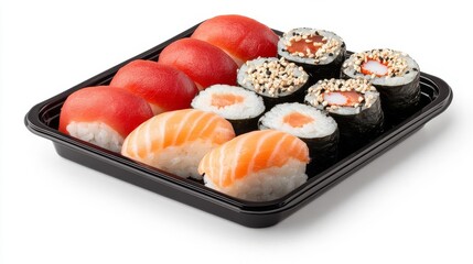 A vibrant sushi platter featuring various rolls and nigiri.