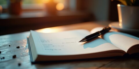 A thoughtfully composed handwritten schedule in an open notebook rests on a wooden surface, bathed in the warm glow of evening sunlight, accompanied by a sleek pen ready to record upcoming events.