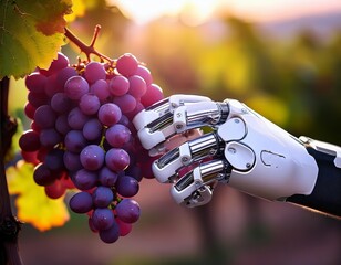 Artificial hand gently picking ripe grapes in vineyard at sunset near lush green leaves