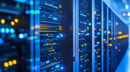 A detailed view of a modern data center showcasing servers, racks, and advanced tech. Perfect for IT, cloud computing, and digital transformation visuals