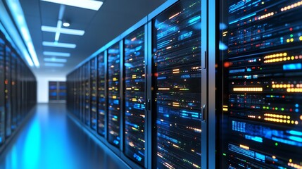 A detailed view of a modern data center showcasing servers, racks, and advanced tech. Perfect for IT, cloud computing, and digital transformation visuals
