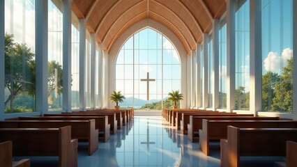 Fototapeta premium Serene Sanctuary A Modern Chapel Design with Expansive Glass Windows and Natural Light Illuminating Wooden Pews