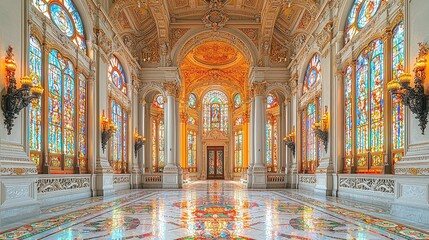 Obraz premium Opulent stained glass in sunlit grand hall with ornate architectural details and marble floor
