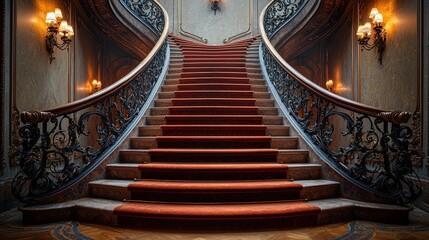 Obraz premium Grand vintage staircase with ornate iron railings and luxurious red carpet in elegant mansion