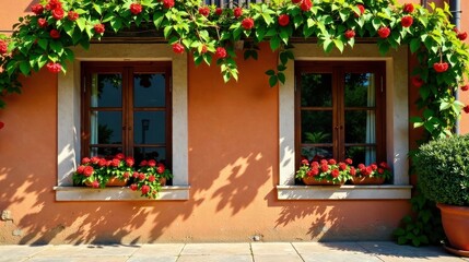 Sunny facade with vibrant red flowers adorning the windows of a charming building