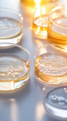 Laboratory petri dishes with colorful liquid samples in bright light