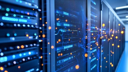 A detailed view of a modern data center showcasing servers, racks, and advanced tech. Perfect for IT, cloud computing, and digital transformation visuals