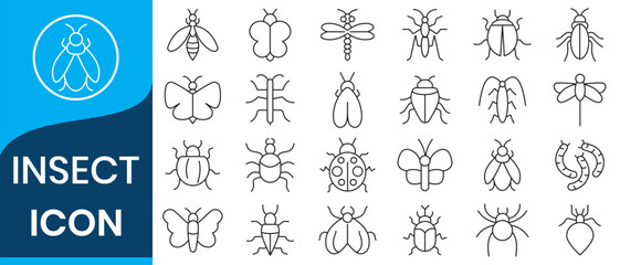 Insects icon set. Insects icons High-Quality Vector Icons Collection with Editable Stroke. Containing ant, bee, mosquito, bug, fly, spider, butterfly, ladybug and more. Solid and outline vector icons 