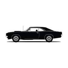 1960s Classic Muscle Car Silhouette Side View - Black and White Vector