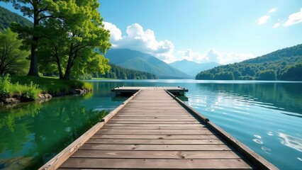 Obraz premium Tranquil Lake Scene Featuring a Wooden Dock Extending into Serene Waters, Surrounded by Lush Green Foliage and Majestic Mountains Under a Bright Sunny Sky