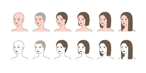 Changes in hair length_bald head, short, medium(middle), long hair_45 degree angle