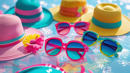 Obraz premium Bright and colorful summer accessories laid out on a sunny surface beside a refreshing pool in summer