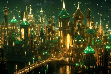 Obraz premium Majestic Medieval Emerald City – Towering Spires, Crystal Bridges, and Enchanted Forests with Magical Creatures