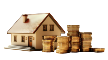 Coin Piles with Small House Model – Passive Income, Tax & Financial Growth PNG
